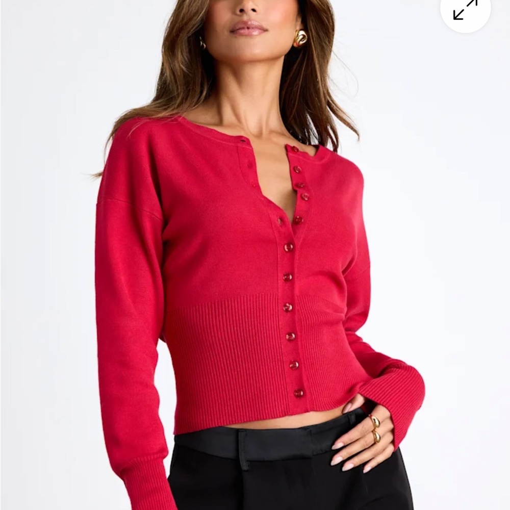 Lulu’s Liraline Red Button-Front Ribbed Cuff Cardigan Sweater
